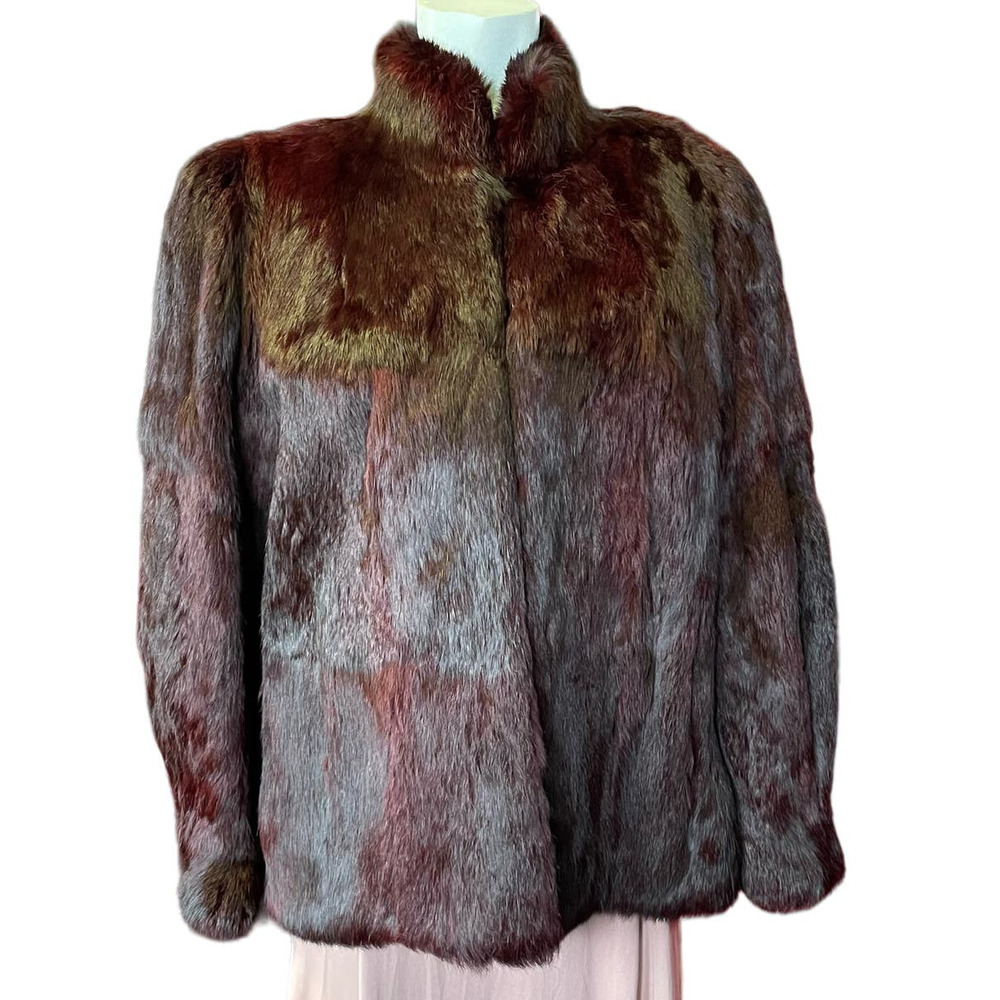 90s Y2K Burgundy Red Dyed Rabbit Fur Coat Luxury Womens M Soft Vamp Plush - Picture 1 of 9